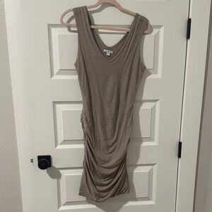 James Perse Taupe Ruched V-Neck Midi Dress